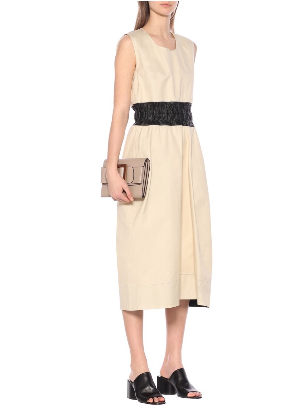 Plan C Luxury Beige Midi Dress Size 42 – Black Cinched Waist – Made in Italy